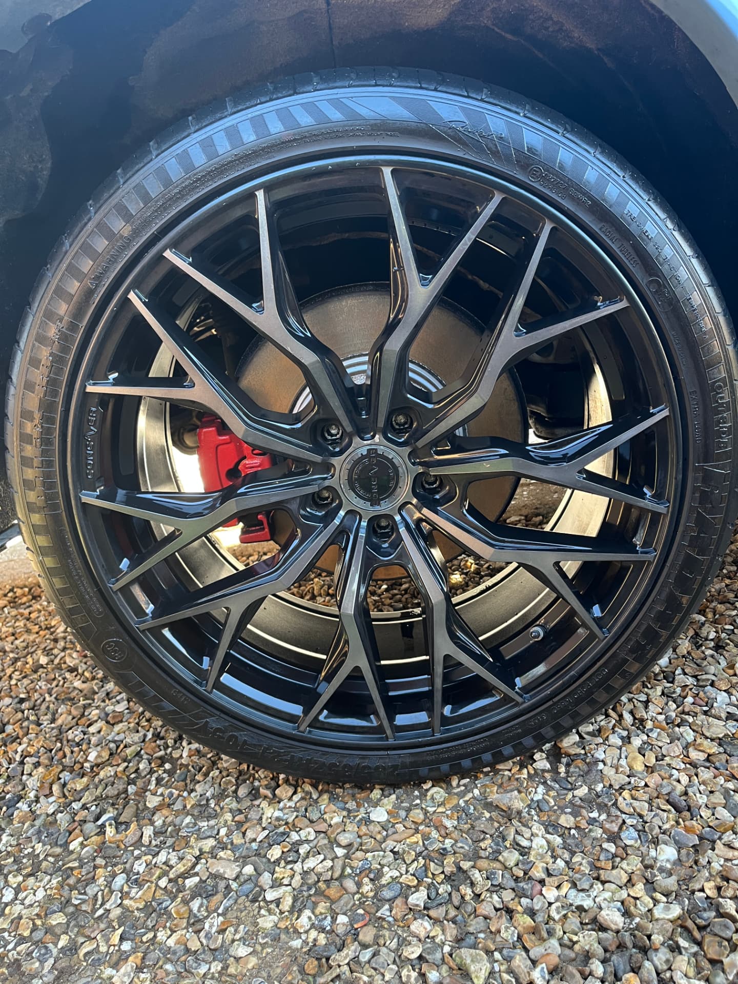 Deep-cleaned alloy wheel and dressed tyre